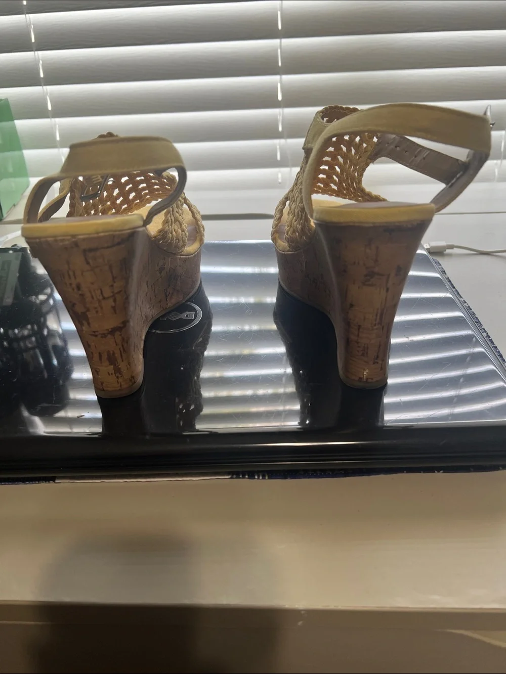 SO Mustard Yellow Woven Cork Wedge Sandals